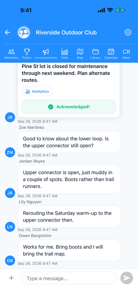CliqWave chapter announcements with acknowledgment and resend controls