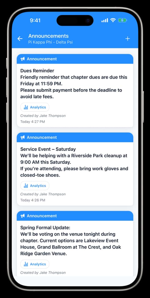 CliqWave announcements feed with chapter reminders