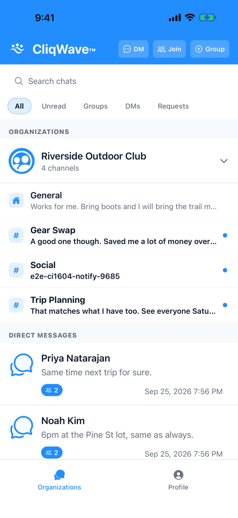 Searchable CliqWave organization list for chapter groups