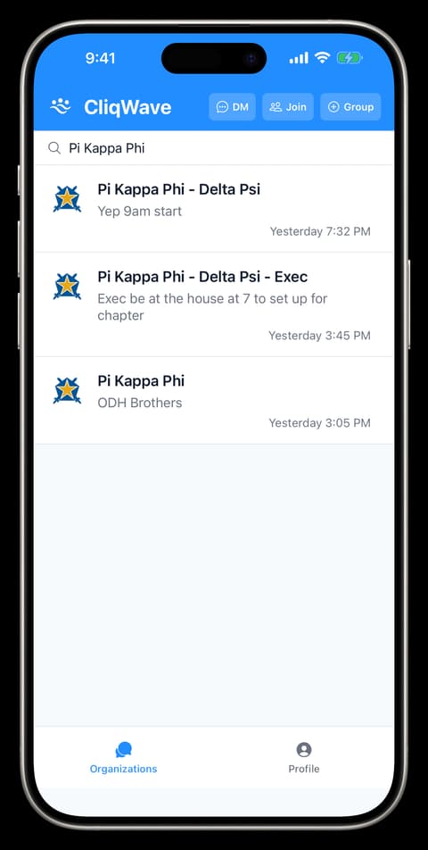CliqWave organization list for chapter groups